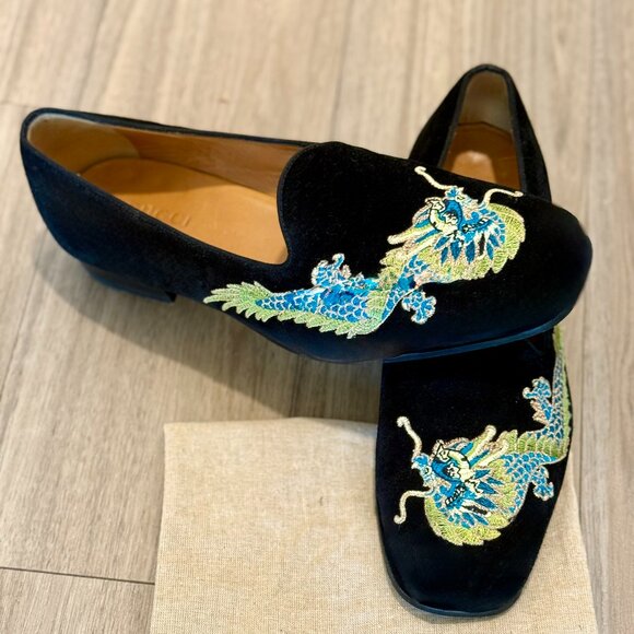 Gucci Men\'s Suede Black Loafer with Blue and Gold Embroidered Dragon main image 4